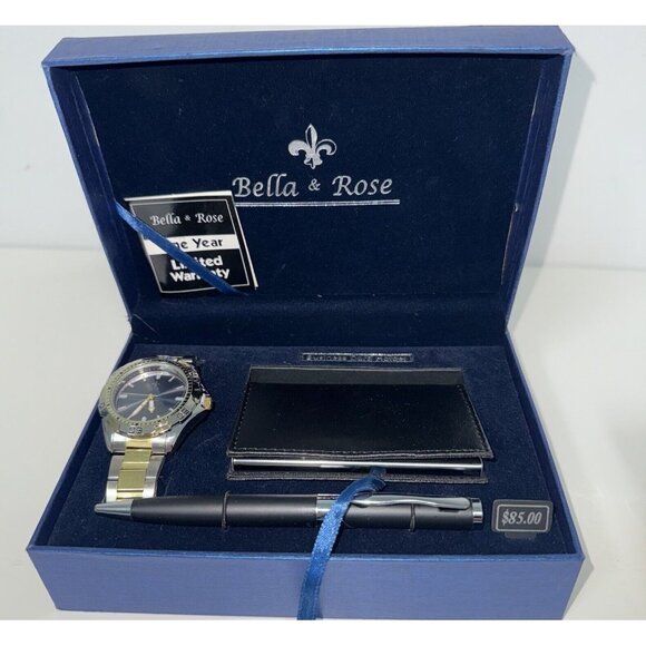 Bella And Rose Mens Watch Set Wristwatch Business Card Holder Pen Career Gift - Picture 1 of 6
